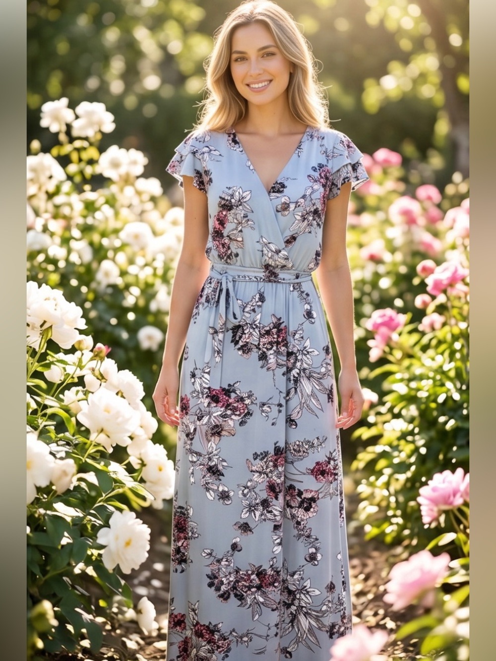 One Clothing Los Angeles — Light Blue Dress with Flowers Short Sleeve